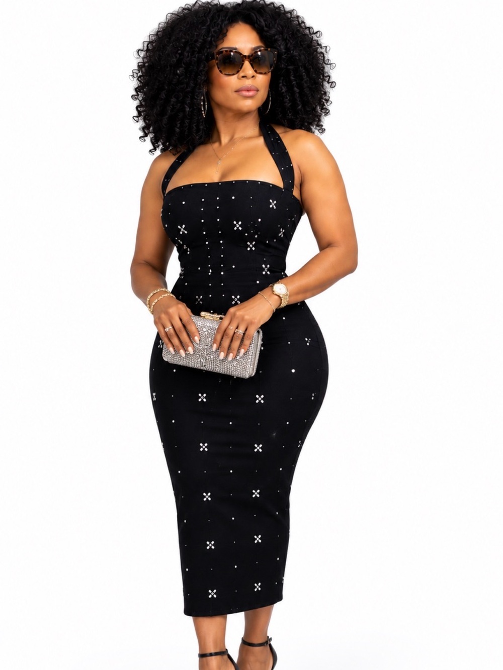 Elegant Black Embellished Halter Midi Dress